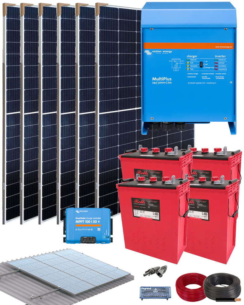 Kit solar fotovoltaico 1KW 24V inversor 3KW baterias casa de campo montaña